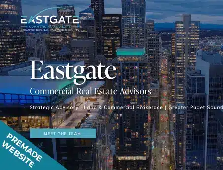 Nighttime city skyline hero image for Eastgate Commercial Real Estate Advisors, showing the company name, tagline, and a teal 'Meet the Team' button with a blue 'Premade Website' ribbon.
