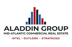Aladdin Group logo for Mid-Atlantic commercial real estate, with colorful horizontal bars behind the name.