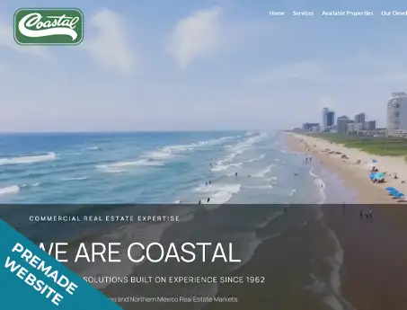Coastal real estate hero: sunny beach and ocean with a city skyline to the right, Coastal logo top-left, overlay text 'WE ARE COASTAL' and navigation visible.