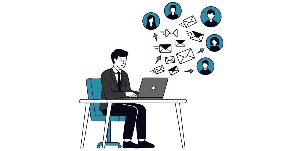 Illustration of a business man working on his laptop with emails being sent to his contacts.