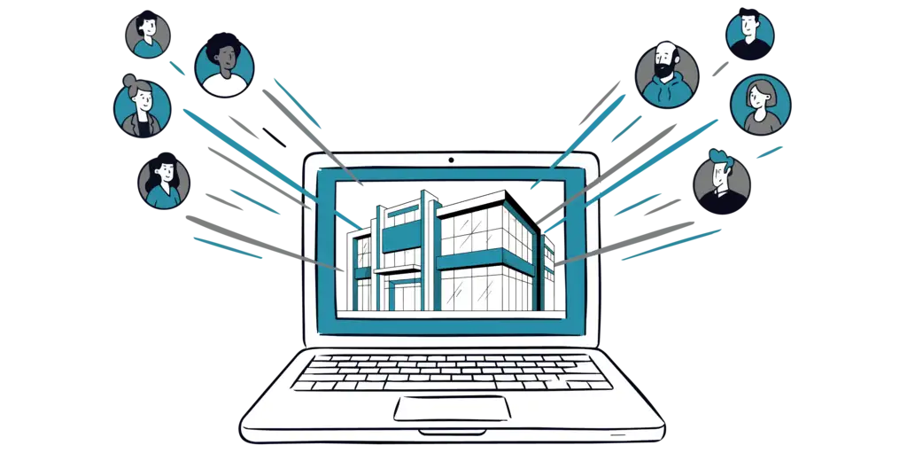 An open laptop with an office building shown and icons of people zooming towards it.