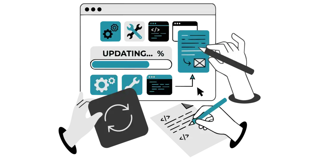Illustration of hands updating a website.