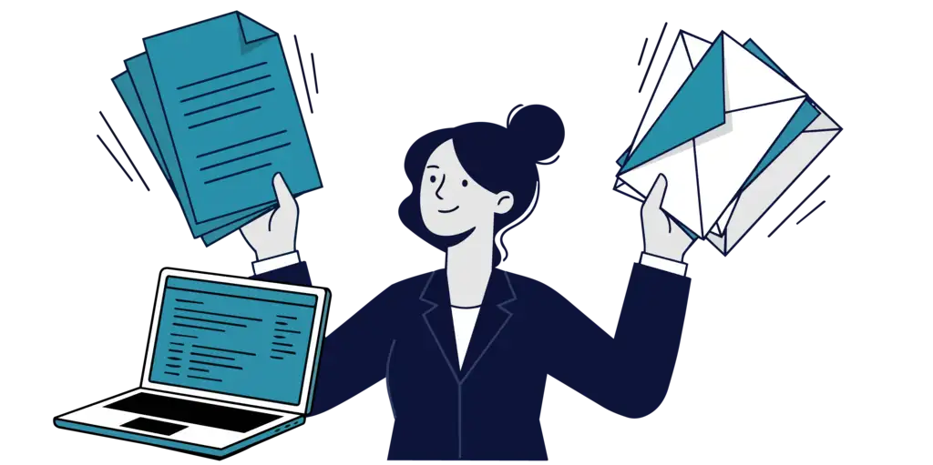Illustration of a business woman holding up a stack of brochures and envelopes with her laptop open.