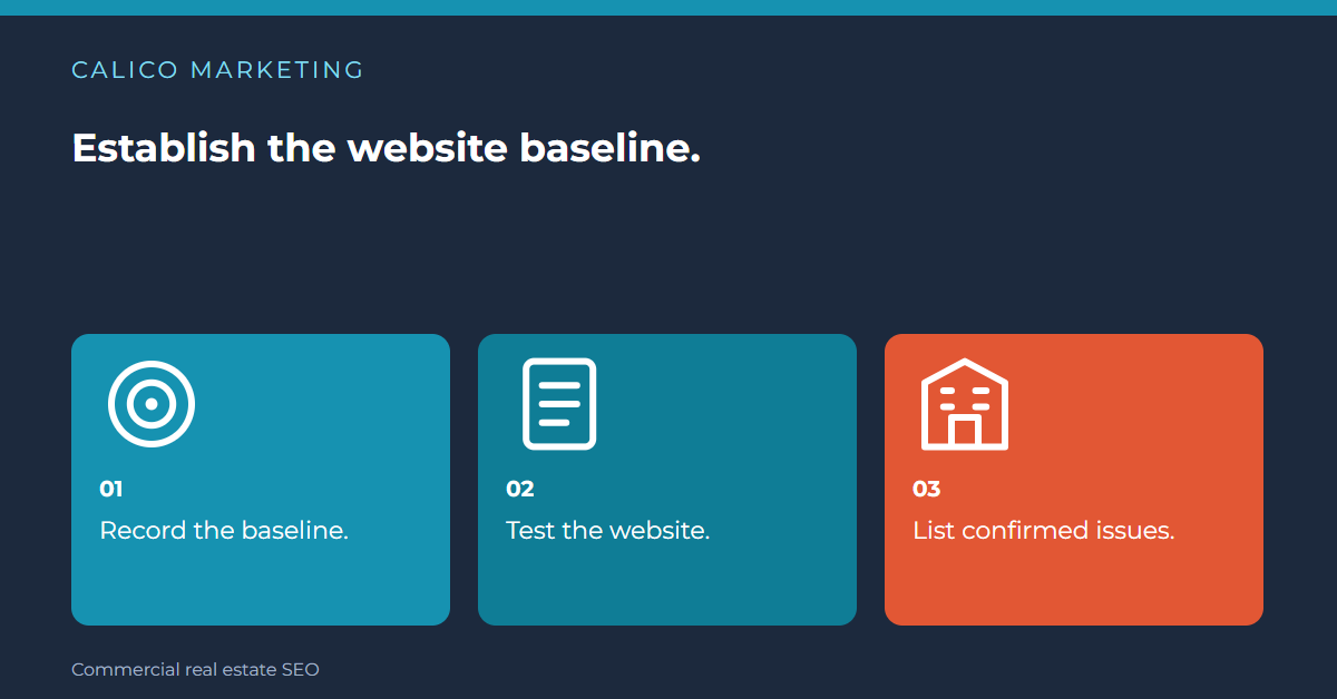 Days 4–7 should establish the website baseline. Record the baseline. Test the website. List confirmed issues.